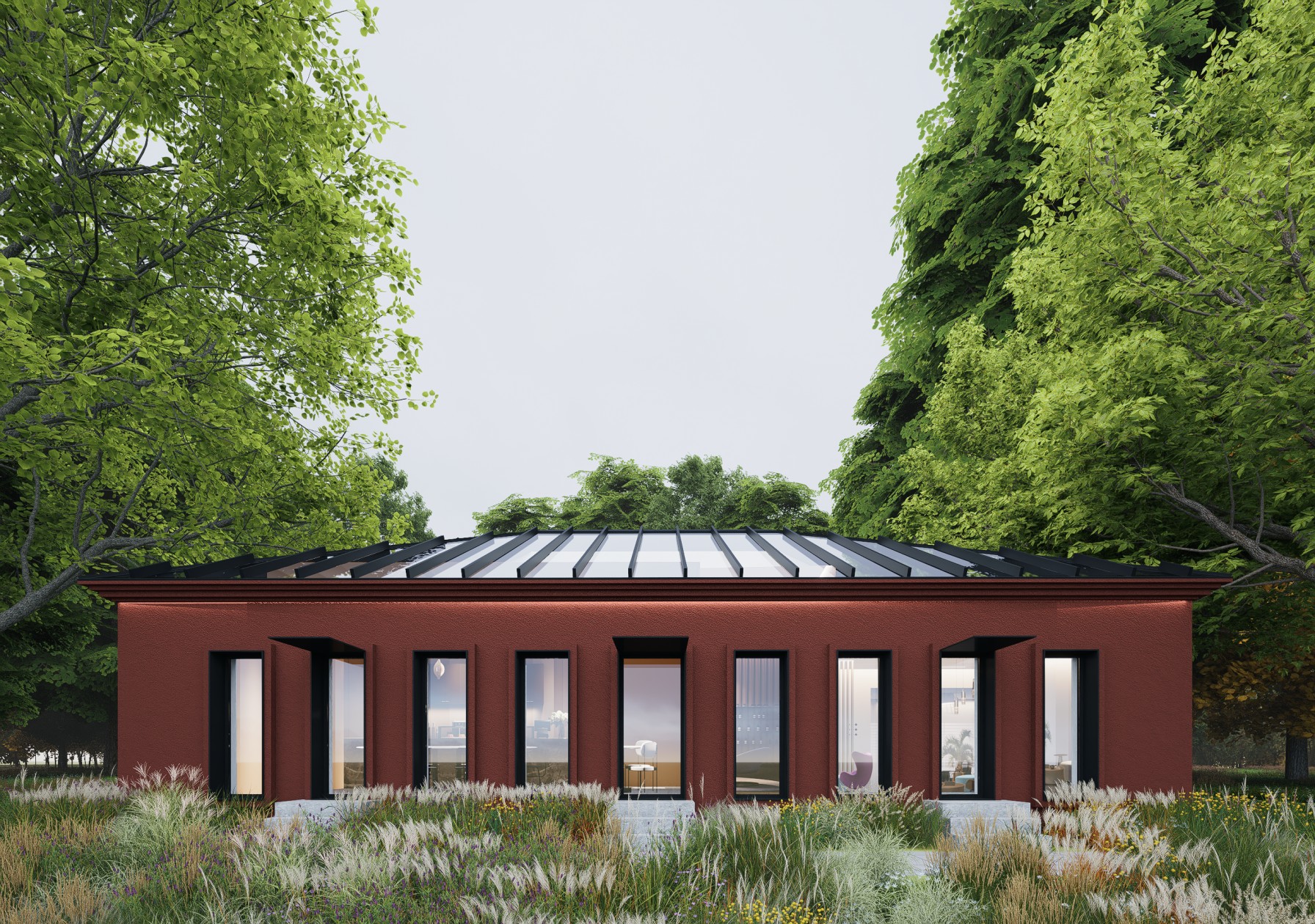 Jeruzalės 26 paviljonas — terakotos fasadas su stikliniu stogu, apsuptas medžių